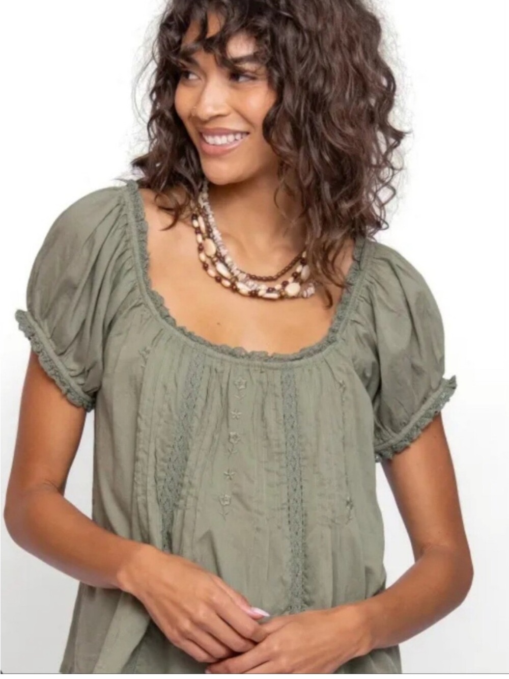 NATURAL LIFE Sweet Nothings Olive Green Short Sleeves Embroidered Cotton Top S - Picture 6 of 12